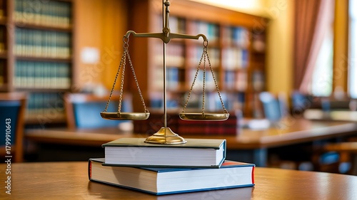 Justice scales on law books in courtroom library
