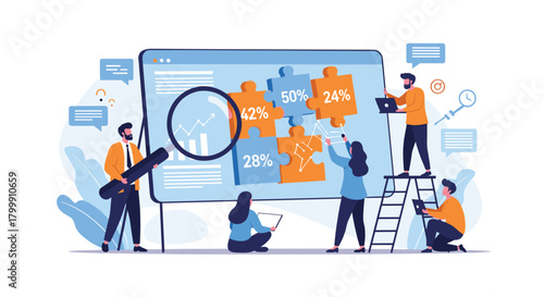 Business team collaborates on data analysis and strategy using puzzles and charts.