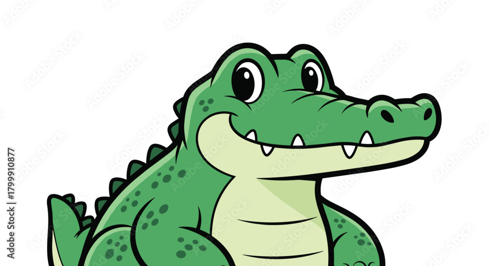 Obraz premium A cute cartoon alligator with big eyes and a friendly smile, presented on a white background.