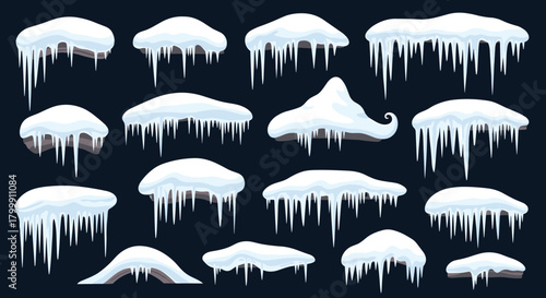 Collection of cartoon-style snow drifts and icicles on a dark background.