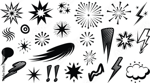 Comic Explosion and Starburst Effects Set, Cartoon Burst, Lightning, Flash, Motion Lines Vector Illustration