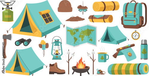 Camping adventure vector set with tents, backpack, campfire, map, sleeping bags, lantern, hiking gear, marshmallows and outdoor travel equipment