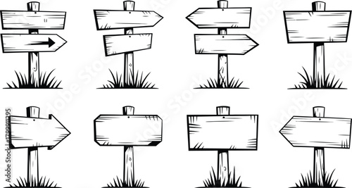 Hand Drawn Wooden Signpost Vector Set, Blank Cartoon Direction Boards, Doodle Arrow Signs Illustration