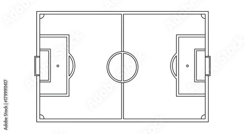 Top view of a simplified soccer field with markings and goals.