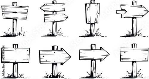 Hand Drawn Wooden Signpost Vector Set, Blank Cartoon Direction Boards, Doodle Arrow Signs Illustration