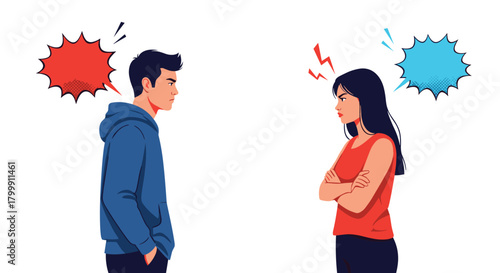 Two people arguing with thought bubbles above their heads representing anger and frustration.