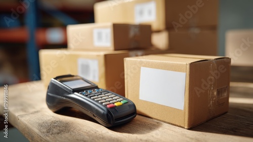 A close-up view of a payment terminal next to stacked cardboard boxes in a warehouse setting.