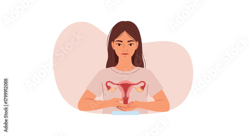 Illustration of a woman holding a diagram of the female reproductive system in front of her torso.
