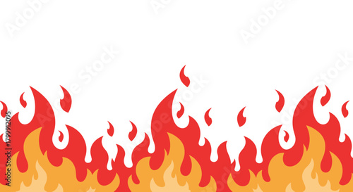 Stylized red and orange flames border against a white background, symbolizing heat and energy.
