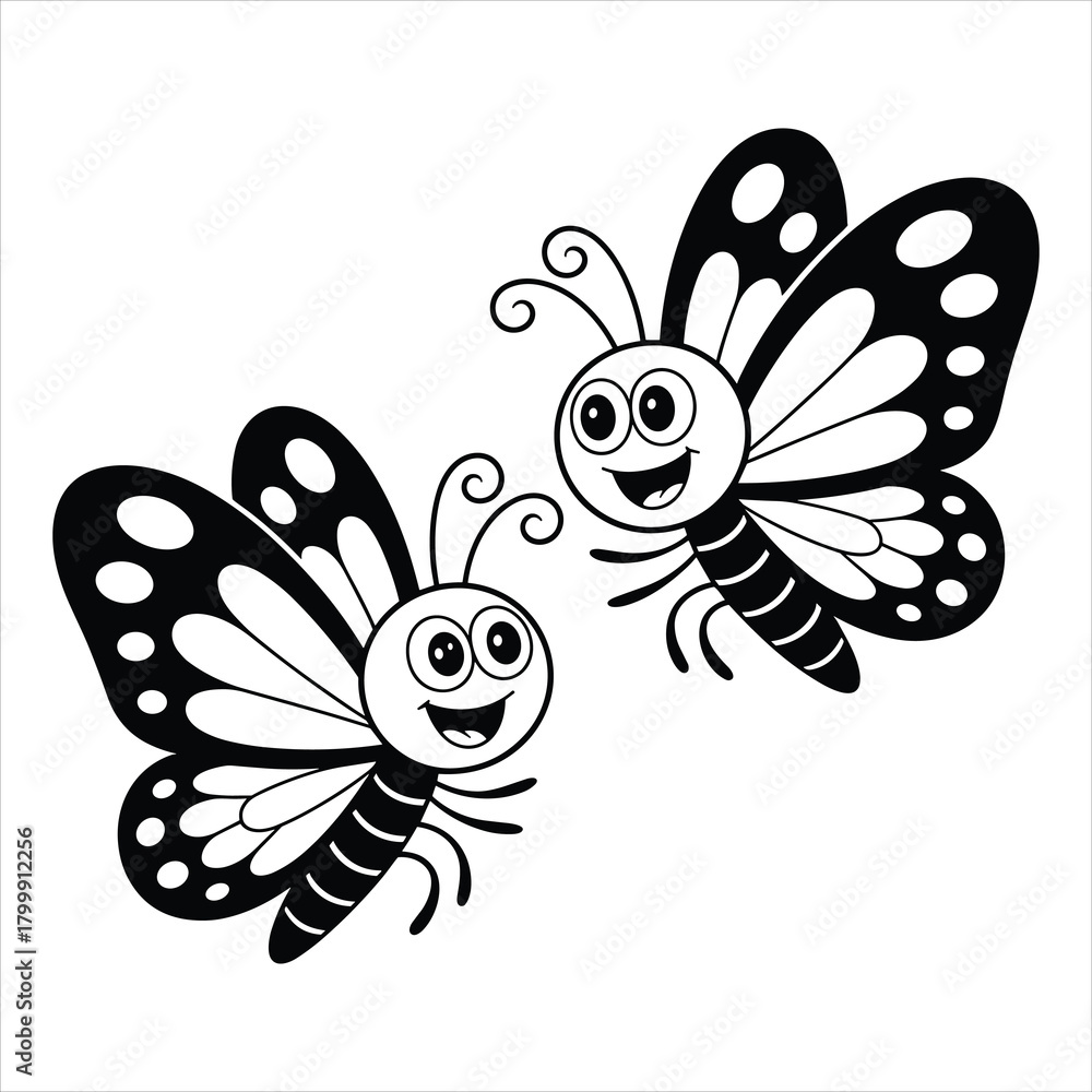 Obraz premium Smiling cartoon butterflies line art vector illustration for kids isolated on white background, Vector