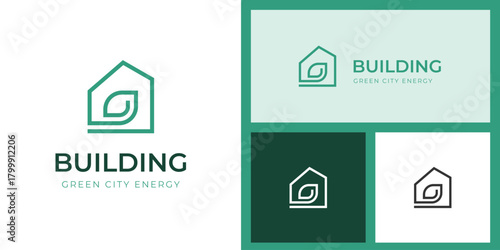 Modern Eco House Logo Design with Green Building Leaf Symbol Representing Sustainable City Energy, Clean Construction, and Environmental Innovation for Architecture, Eco Urban Development