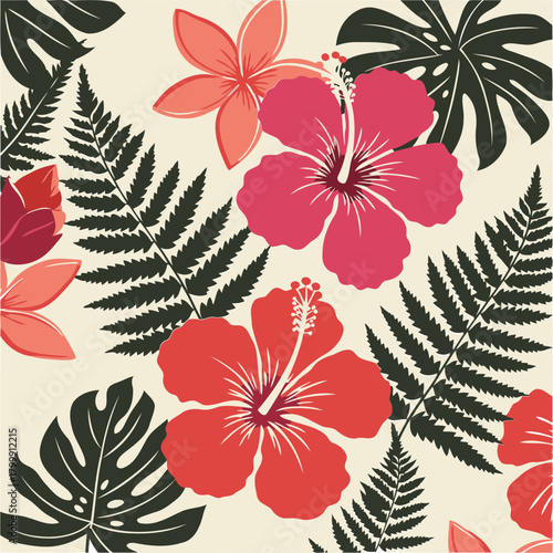 Tropical flower pattern with vibrant hibiscus and plumeria flowers in shades of coral and pink, displayed on a cream background with dark green ferns and monstera leaves.