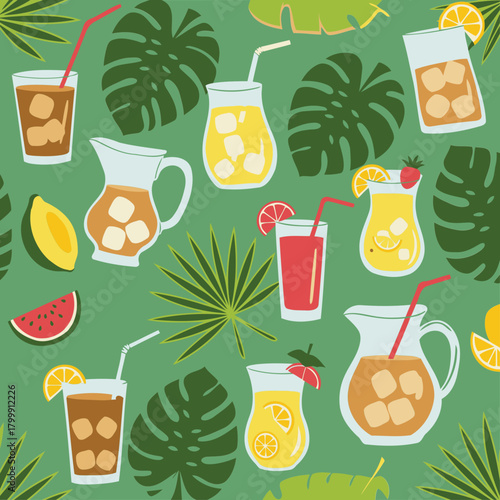 Tropical drink pattern with various fruit-infused beverages, presented in multiple glass pitchers and glasses, arranged in a repeating pattern.