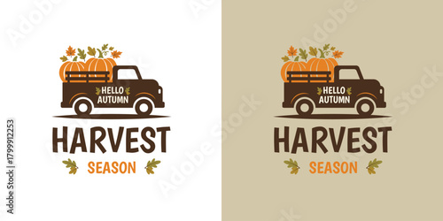 Harvest Season for Autumn and Truck Logo Design with Pumpkin Farm Illustration Fall Festival, Rustic Farming, and Thanksgiving Celebration for Seasonal Branding, Farm Market, and Autumn Event