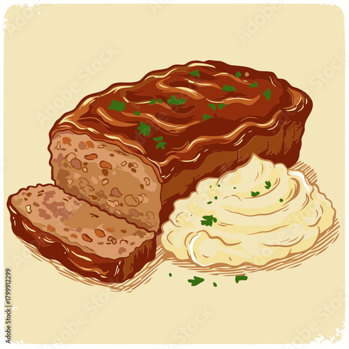 Gourmet meatloaf dish with savory glaze and creamy mashed potatoes. Illustration of a sliced meatloaf with a side of mashed potatoes, a traditional comfort food for a family dinner.