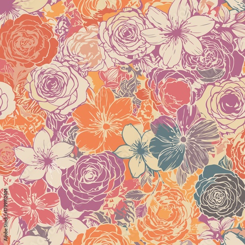 Floral bouquet pattern with a variety of roses, lilies, and other flowers in muted colors with a vintage aesthetic. Detailed illustration with a soft color palette and textured background.