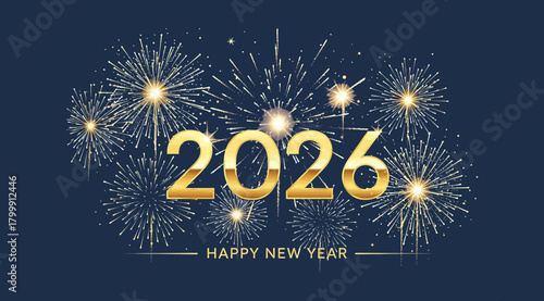 Golden 2026 text with fireworks and happy new year message on a dark blue background, celebrating the upcoming year with a festive and celebratory atmosphere