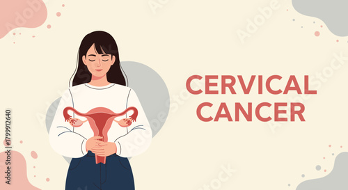 Illustration of a woman holding a uterus symbolizing cervical cancer awareness and prevention.
