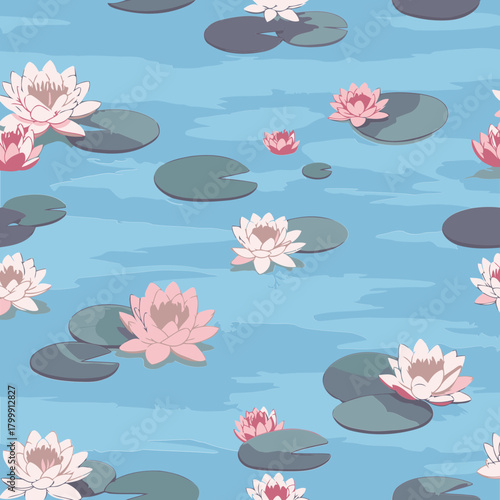 Water lilies and leaves on a tranquil pond. Pastel pink and white water lilies float gently on the surface of the serene, light blue water.