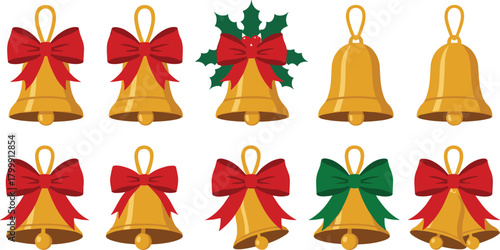 Christmas bells clipart PNG bundle gold jingle bells with bows holly festive holiday elements for cards crafts sublimation