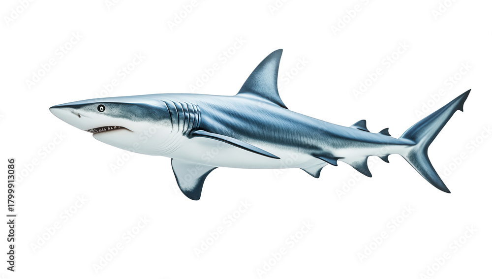 Naklejka premium Majestic great white shark isolated on transparent background, showcasing its powerful physique and formidable presence, a symbol of the oceans apex predator
