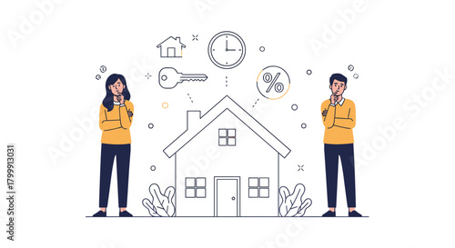 Two people thinking about buying a house, with icons of a key, clock, and percentage symbol.