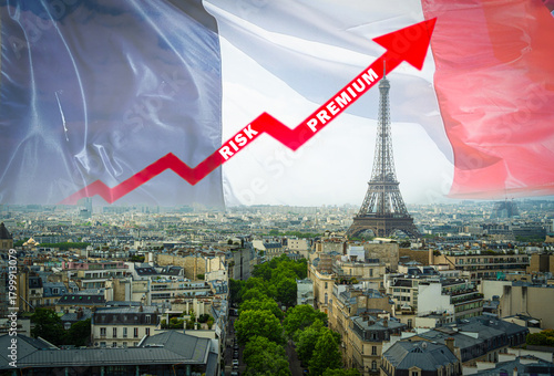 Schilderij op canvas Risk premium increasing in France, with Paris and Eiffel Tower skyline and French flag waving