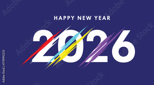 Happy new year 2026 text with colorful brush strokes on a dark blue background, celebrating the upcoming year with a modern and vibrant design
