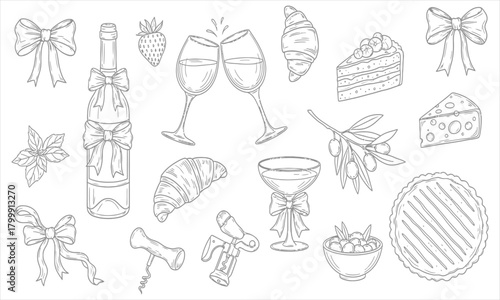 Festive Celebration Elegant Line Art Collection of Food and Drink