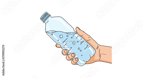 Hand holding a clear plastic bottle filled with bubbly water, isolated on white.