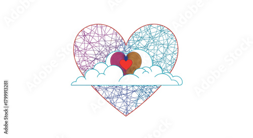 Abstract heart shape filled with colorful tangled lines and nested hearts above clouds.