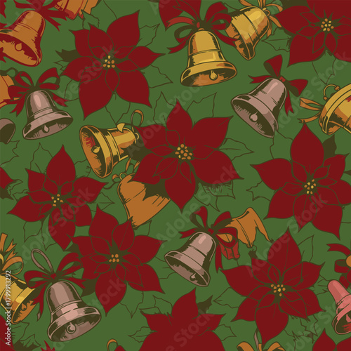 Christmas poinsettia and bells seamless pattern design. Vintage style illustration with decorative bells and poinsettia flowers on a green background.