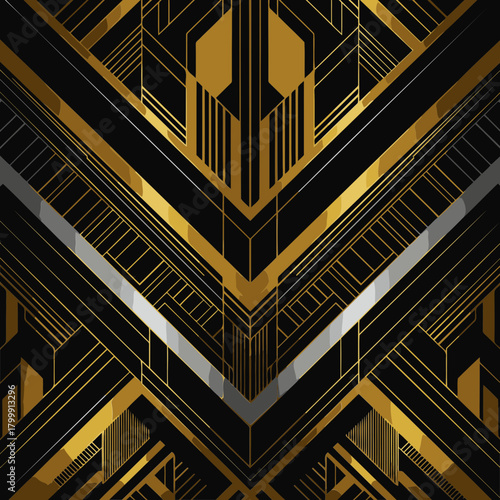 Geometric art deco pattern in black, gold, and silver. Abstract design with intersecting lines and shapes.