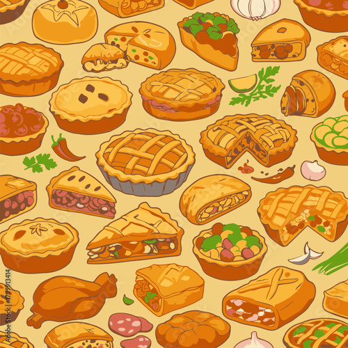 Various types of pies and pastries in different styles displayed on a light beige background. Colorful hand-drawn illustrations of pies and pastries with diverse fillings and crusts.