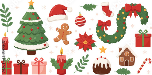 Christmas clipart PNG bundle with tree wreath gingerbread gifts poinsettia ornaments holiday elements for sublimation cards crafts