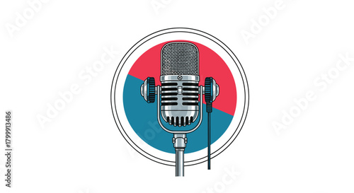 Vintage microphone set against a circular background with red and blue sections.