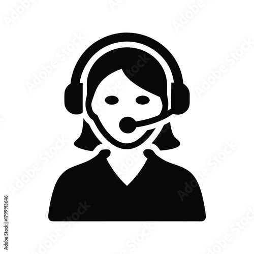 Isolated brunette woman wearing headset with microphone is depicted in solid black against white