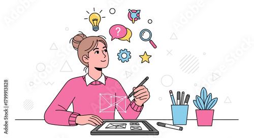 Creative woman designing interface on tablet with pen, inspiration surrounds her, innovative ideas and website mockup, modern design, brainstorming