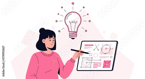 Creative woman designing with tablet and a bright idea, crafting innovative solutions and visualizing success, perfect for modern business ventures
