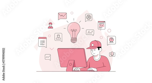 Creative coder working on innovative ideas with computer in modern workspace with digital icons and lightbulb, symbolizing inspiration and solutions