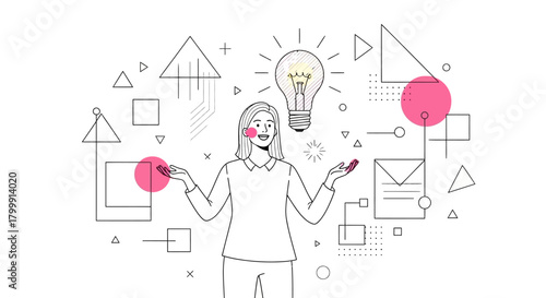 Creative woman with bright idea surrounded by geometric shapes, representing innovation, inspiration, and modern design for business and marketing concepts