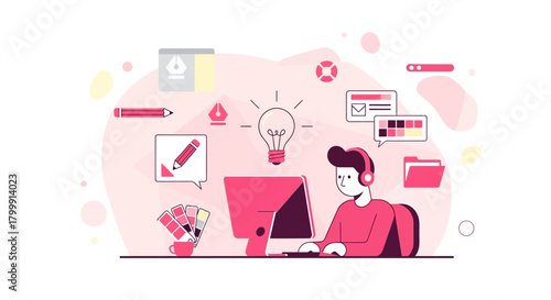 Creative designer at work searching for fresh ideas with modern technology, perfect for branding, design agencies, and innovative marketing concepts now