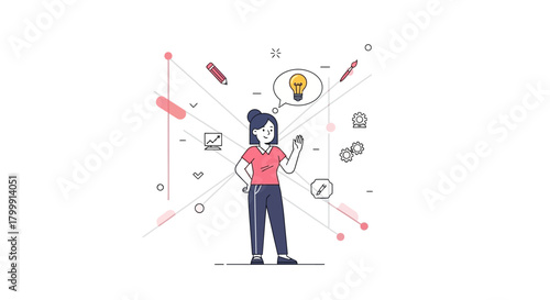 Creative woman has a brilliant idea, visualized with a lightbulb thought bubble, perfect for brainstorming, innovation, and modern design concepts