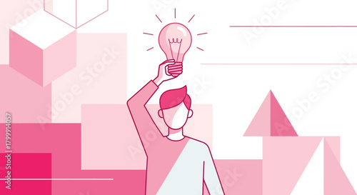 Creative innovator holding a bright idea lightbulb against modern geometric background, perfect for business concepts and fresh solutions