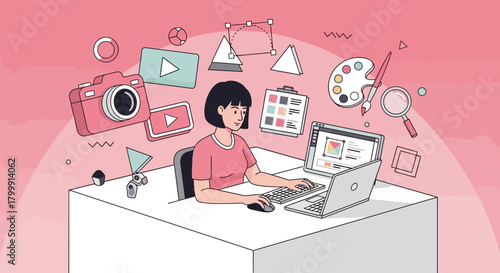 Creative designer working at a modern desk with laptop, camera, and art supplies, perfect for branding and digital marketing campaigns, get inspired!
