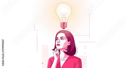 Creative woman with a bright idea brainstorming for business success in a minimal design concept illustration, inspiring innovation and problem solving