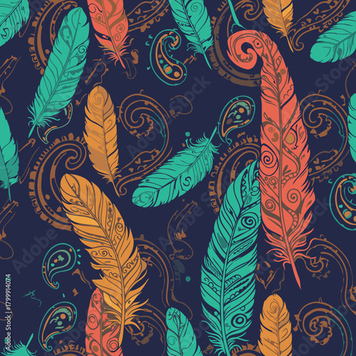 Colorful feather pattern with paisley design in a repeating graphic design.