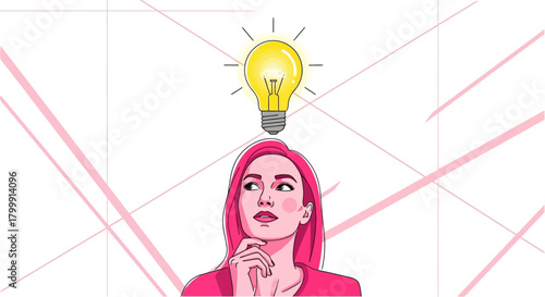 Creative woman with pink hair looking up at a bright idea bulb, seeking inspiration and innovative solutions for business success and innovation