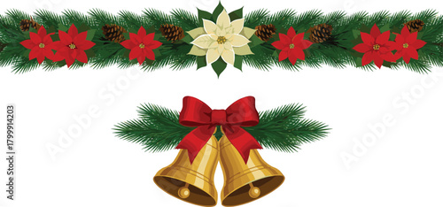 Christmas garland clipart with poinsettia pine cones and golden bells, holiday greenery border decoration PNG for cards and crafts