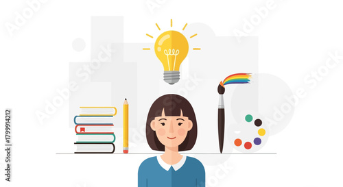 Creative girl with bright ideas, ready to learn and express herself through art and education for inspiring future, perfect for back to school themes.